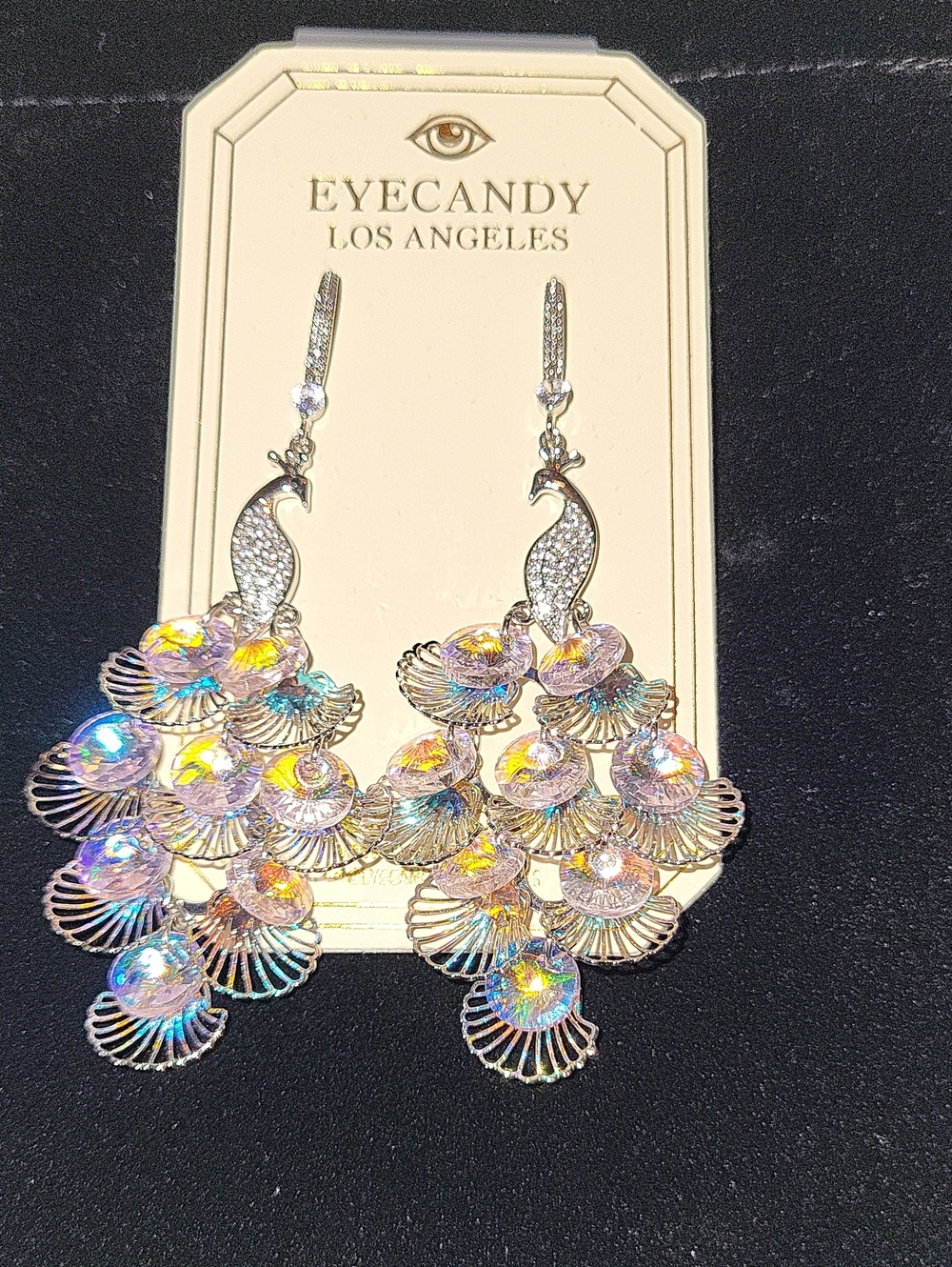 Eye Candy Peacock Iridescent Pinkish Hue Cascade Drop Earrings - Silver Rt Th